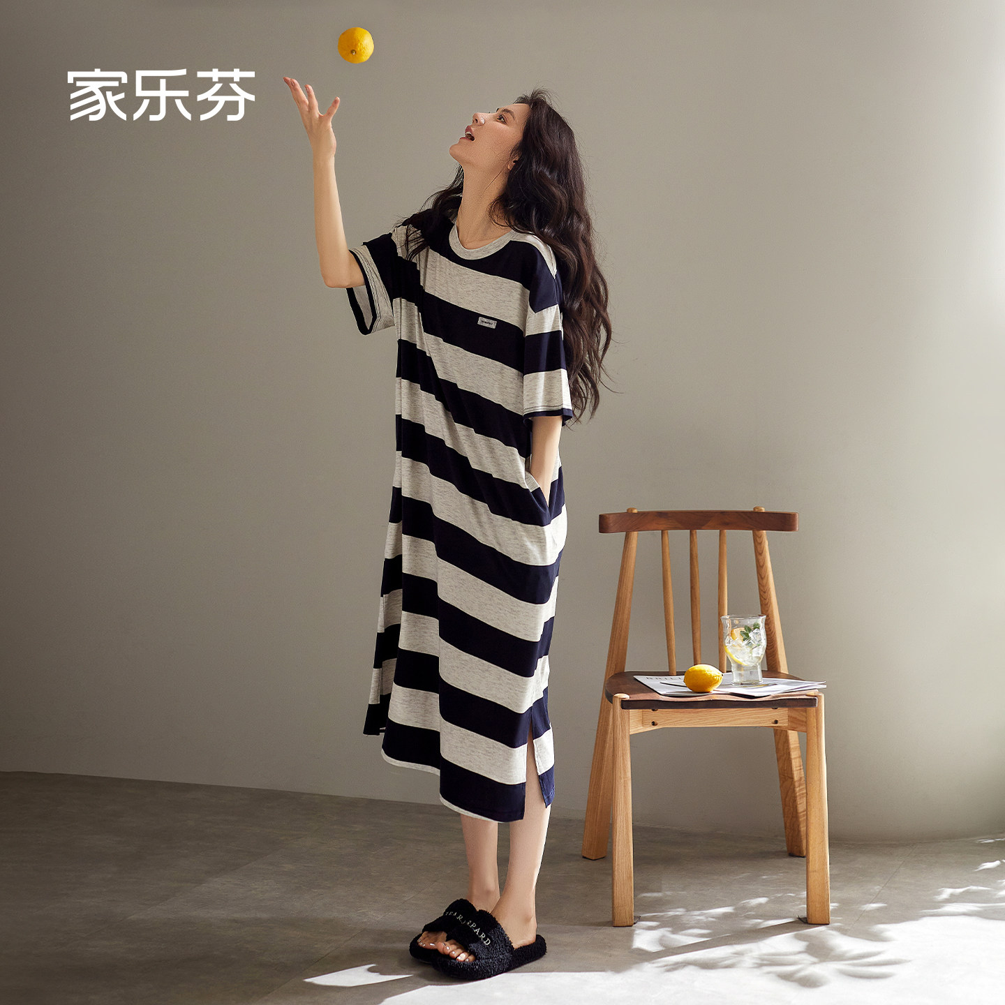 家乐芬睡裙女士睡衣夏季夏款薄款莫代尔短袖长款条纹连衣裙可外穿