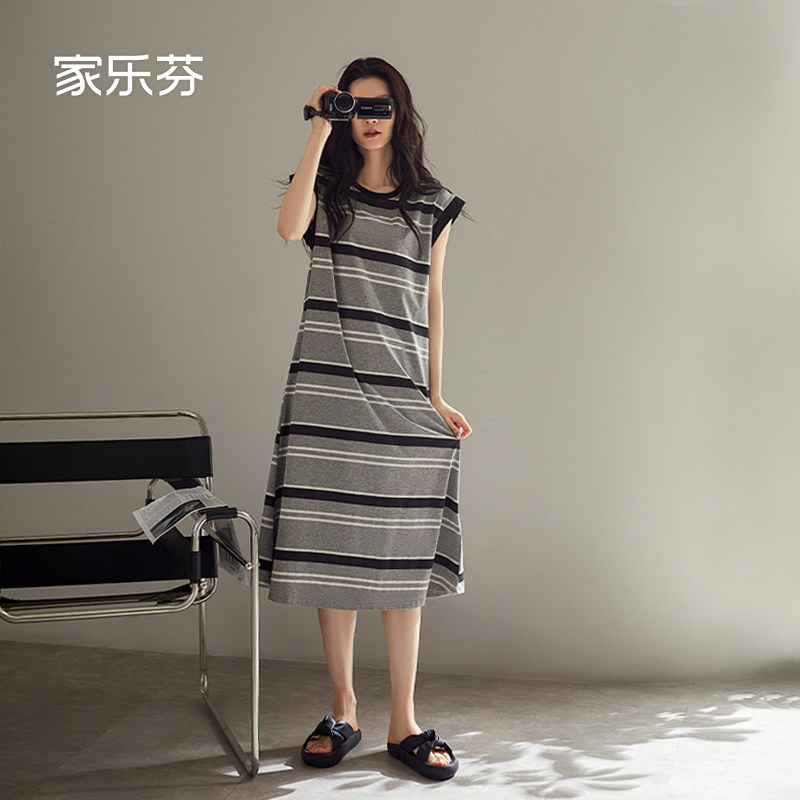 家乐芬睡裙女睡衣夏季夏天夏款背心无袖莫代尔条纹长款薄款可外穿