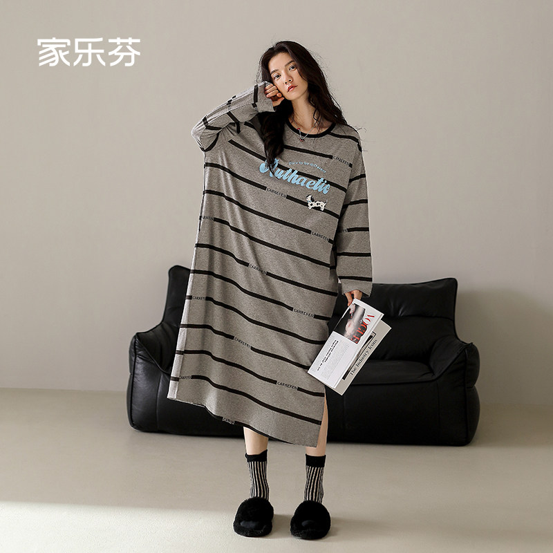 家乐芬睡裙女士睡衣春秋季纯棉长袖条纹裙子大码斑点狗长款可外穿,女士内衣/男士内衣/家居服,睡裙,淘宝优惠券,粉丝福利购,淘宝优惠卷