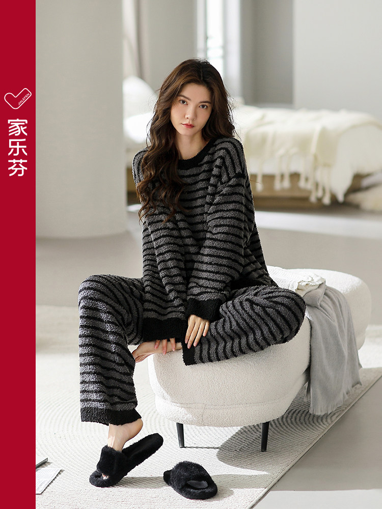 Carrefen睡衣女式秋冬冬半丝绒珊瑚丝绒加厚丝绒家装条纹套头衫套