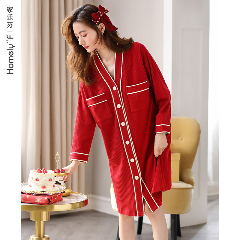 睡裙女士睡衣春秋款秋季纯棉长袖开衫衬衫本命年大红色虎年中长款,女士内衣/男士内衣/家居服,睡裙,淘宝优惠券,粉丝福利购,淘宝优惠卷