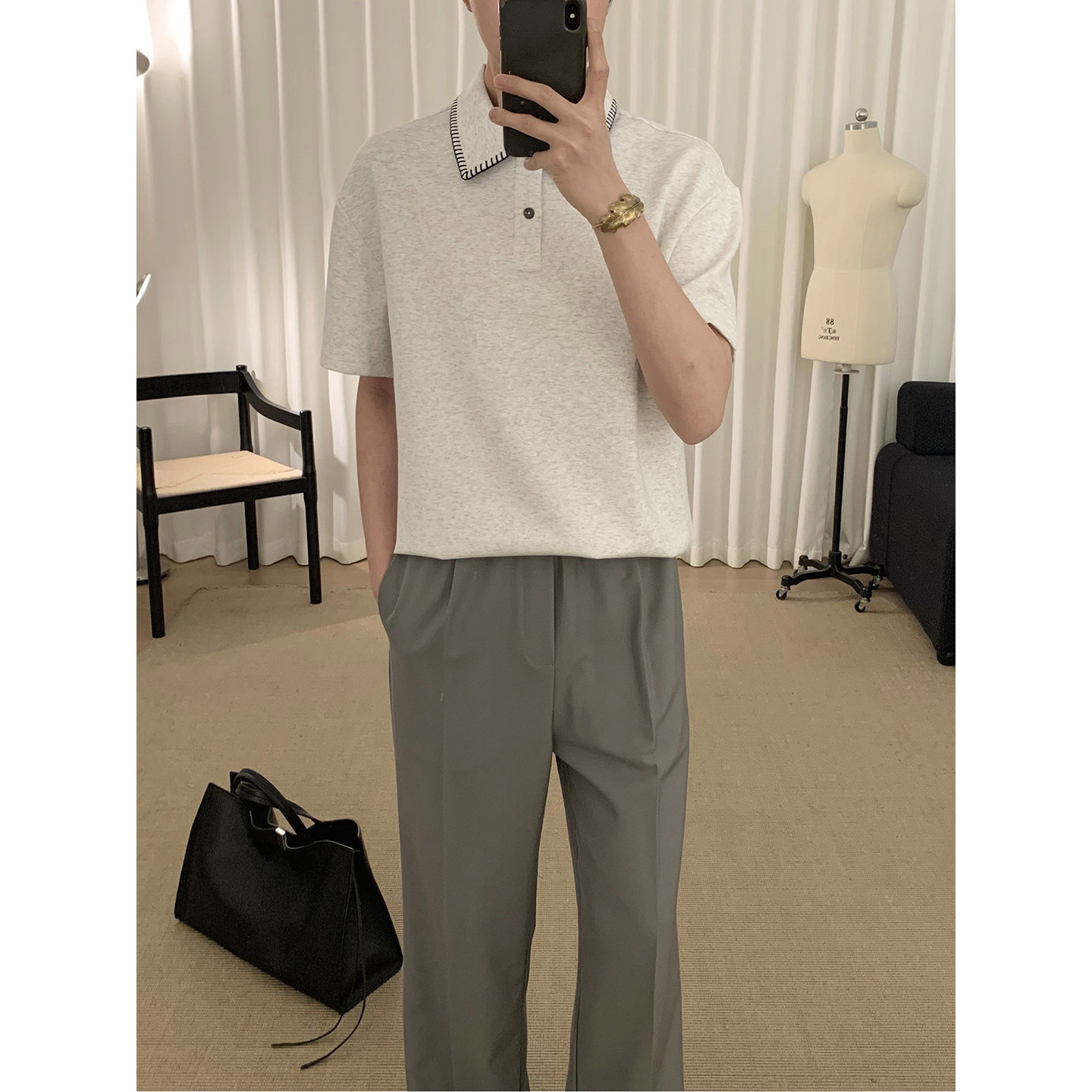 阿茶与阿古灰色绕线领polo衫男款夏季宽松简约百搭休闲短袖t恤