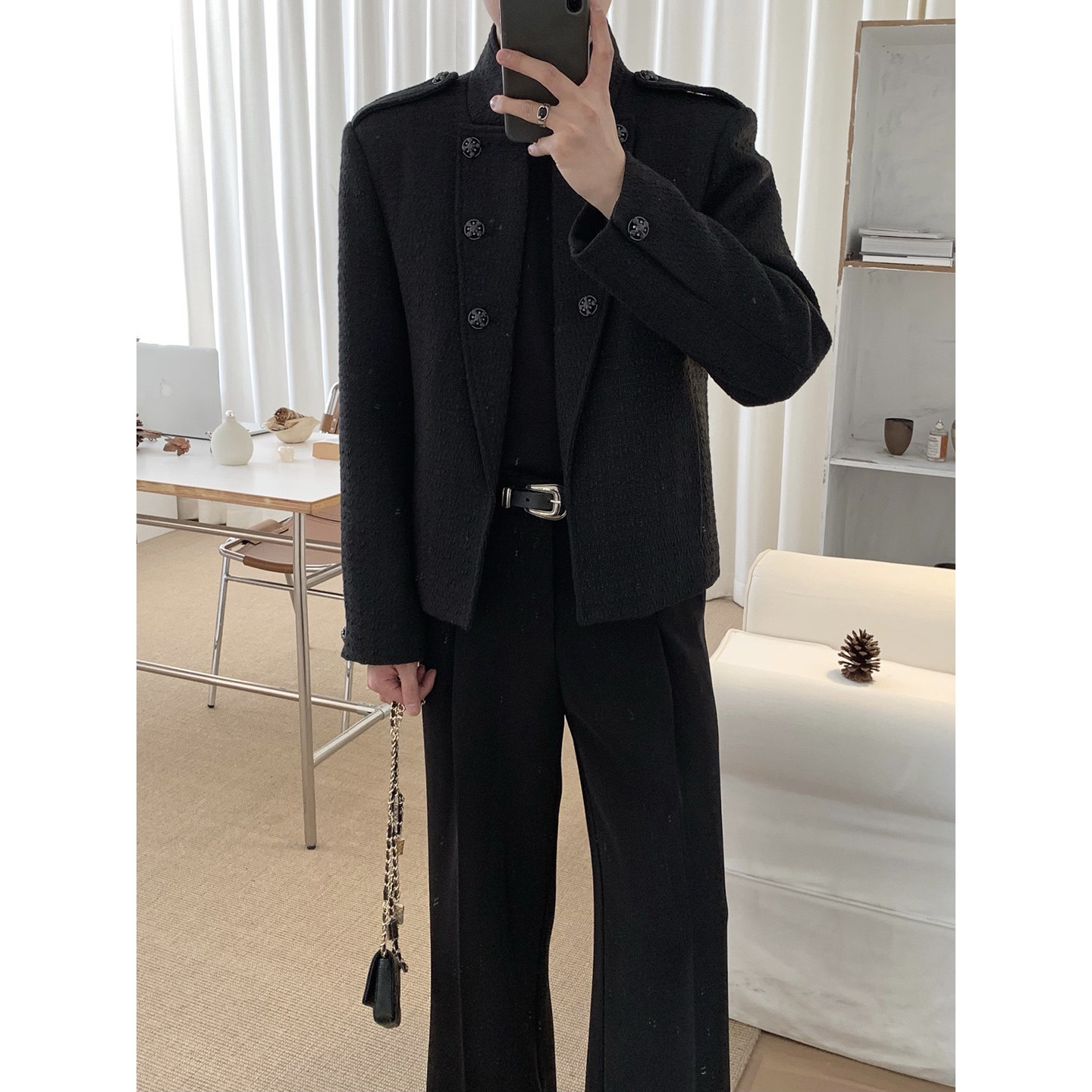 阿茶与阿古黑色肩袢小香风外套男款冬季高级感双排扣设计夹棉夹克