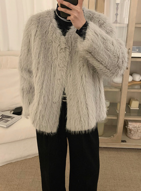 阿茶与阿古浅灰色环保皮草外套男冬季韩版仿皮毛一体潮流皮上衣