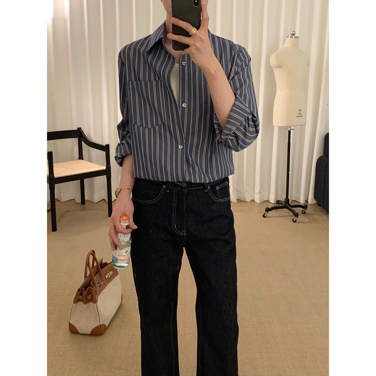 阿茶与阿古复古藏蓝撞色条纹衬衫男款春季宽松休闲翻领长袖衬衣