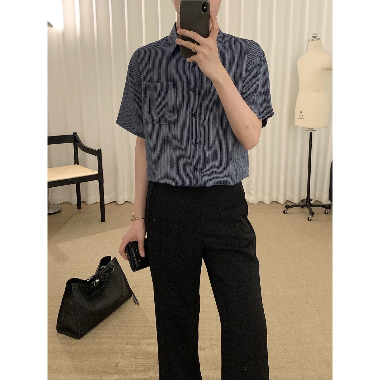 阿茶与阿古深蓝条纹短袖衬衫男款夏季新款防晒宽松百搭休闲衬衣