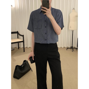 阿茶与阿古深蓝条纹短袖衬衫男款夏季新款防晒宽松百搭休闲衬衣