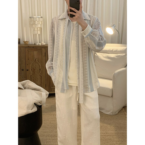 阿茶与阿古镂空飘带条纹衬衫男款夏季小众高级设计感防晒衬衣
