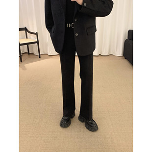 百搭顯瘦保暖休閑長褲 男直筒寬松秋冬韓版 阿茶與阿古黑色毛呢西褲