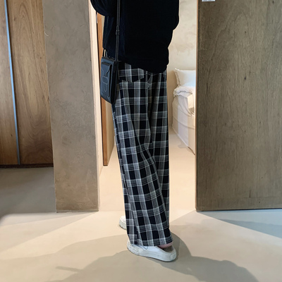 阿茶与阿古【松弛格】黑白格子裤子男款秋季直筒宽松阔腿休闲长裤