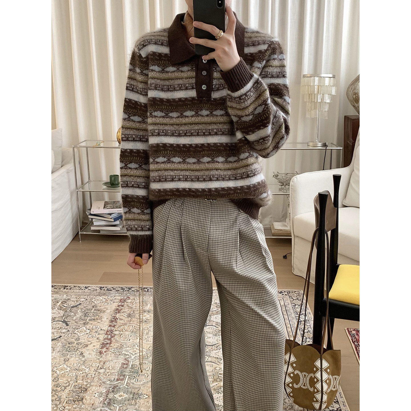 阿茶与阿古复古费尔岛羊毛毛衣男款秋季条纹polo领宽松休闲针织衫