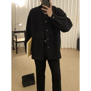 阿茶与阿古黑色无领亚麻外套男款秋季简约复古廓形休闲夹克上衣