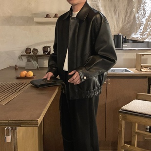 阿茶与阿古【简致经典】黑色皮衣外套男款秋季韩版宽松休闲皮夹克