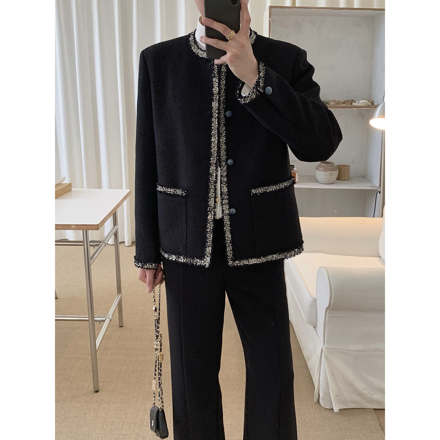 阿茶与阿古黑色拼边小香风外套男款秋季宽松宝石扣设计编织夹克
