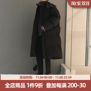 阿茶与阿古网红款黑色棉衣男冬季加厚中长款连帽韩版情侣棉服外套