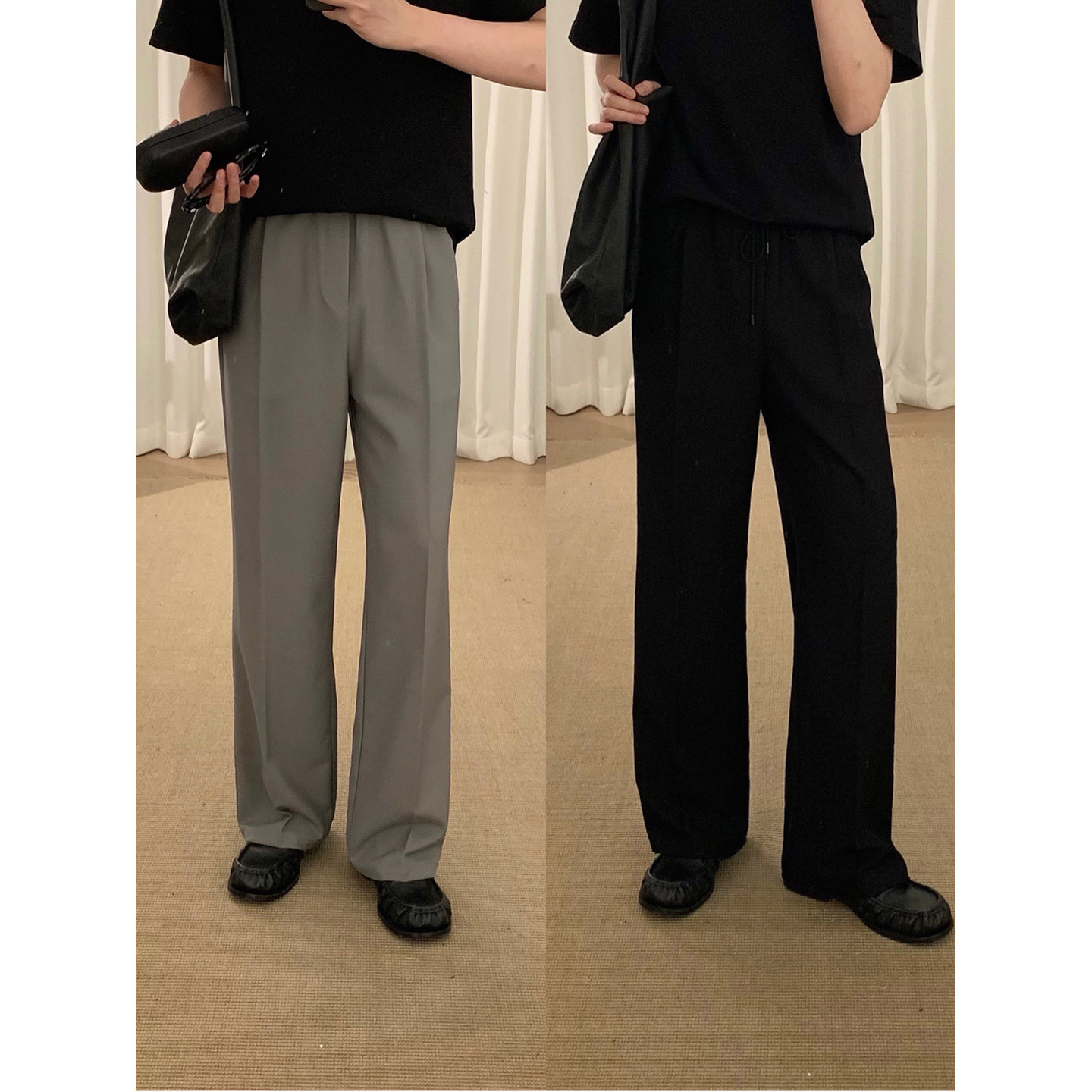 阿茶与阿古两色垂感直筒西裤男款春季韩版阔腿宽松抽绳休闲长裤