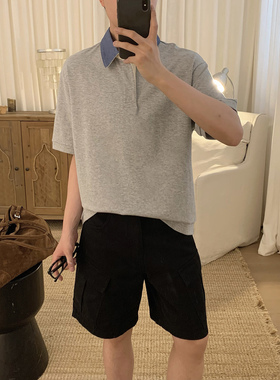 阿茶与阿古灰色polo领短袖t恤男款夏季韩版潮流宽松休闲气质上衣