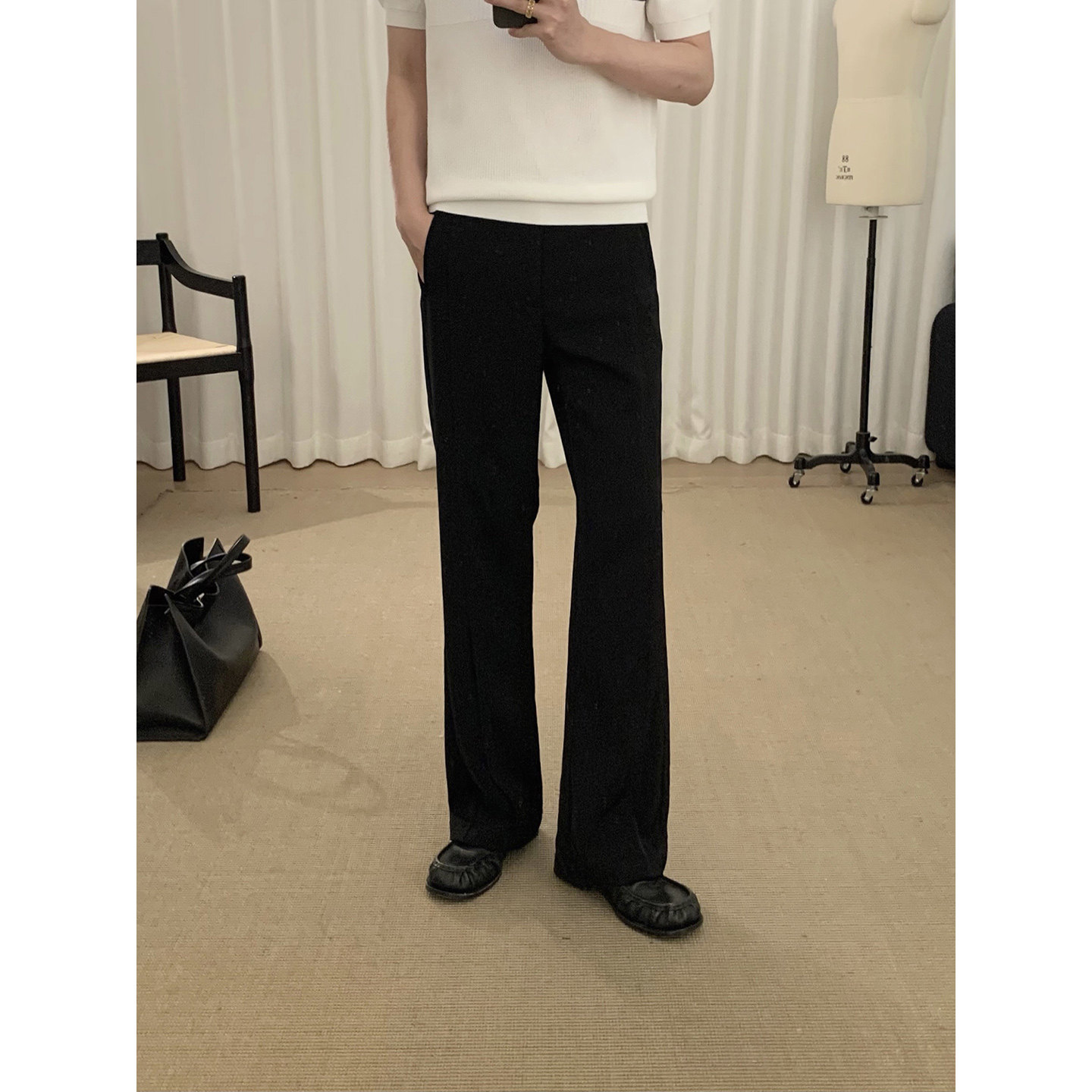 阿茶与阿古黑色剪裁拼接直筒西裤男款夏季时髦百搭宽松休闲长裤
