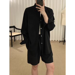 阿茶与阿古黑色垂感衬衫套装男夏季宽松休闲长袖衬衣短裤两件套