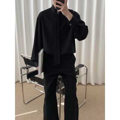 阿茶与阿古黑色高级感小香风衬衫男款春季韩版潮流领带宝石扣衬衣