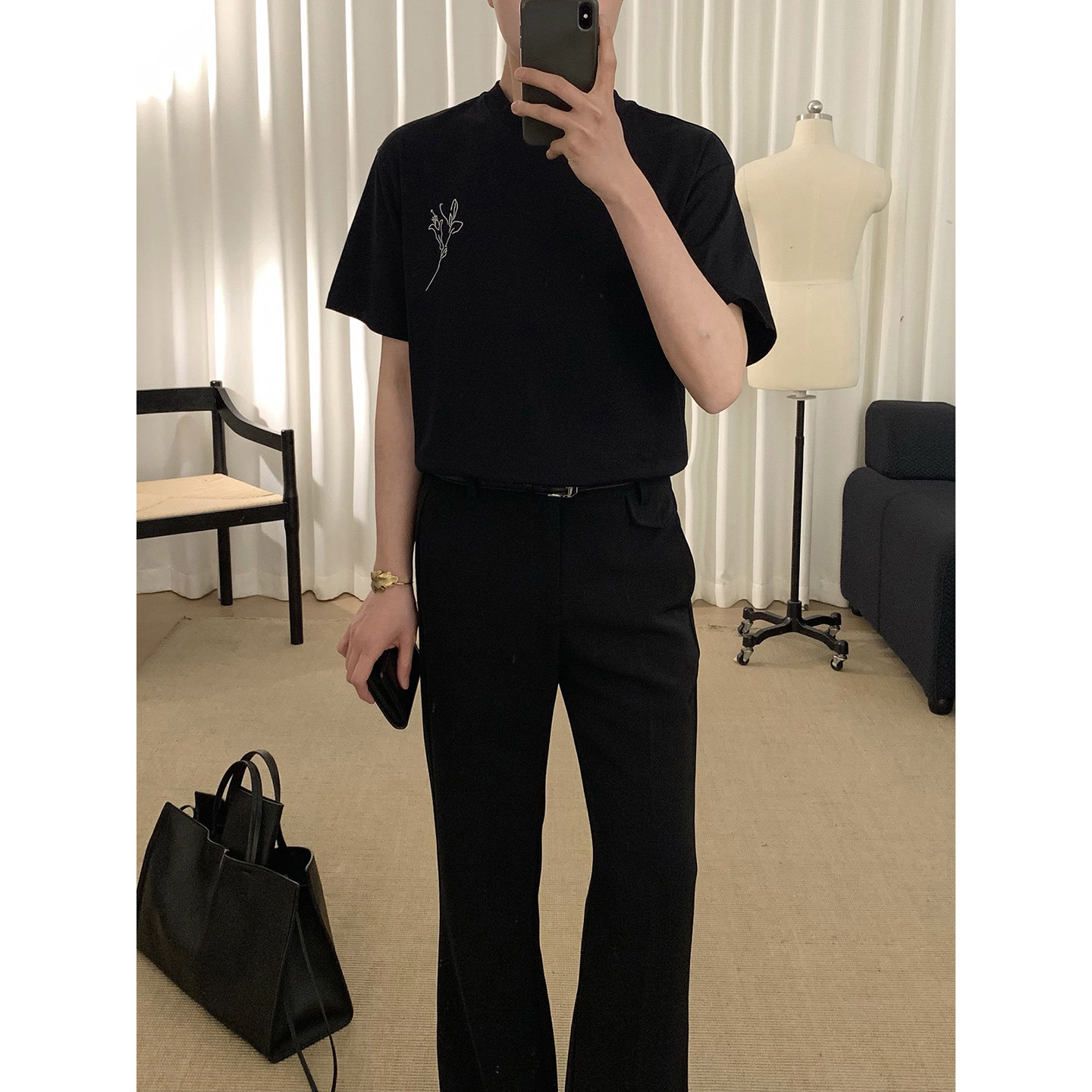 阿茶与阿古黑色印花短袖t恤男款夏季百搭宽松休闲纯棉情侣上衣