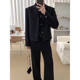 阿茶与阿古黑色小金扣羊毛西装外套男款秋冬简约宽松休闲西服夹克