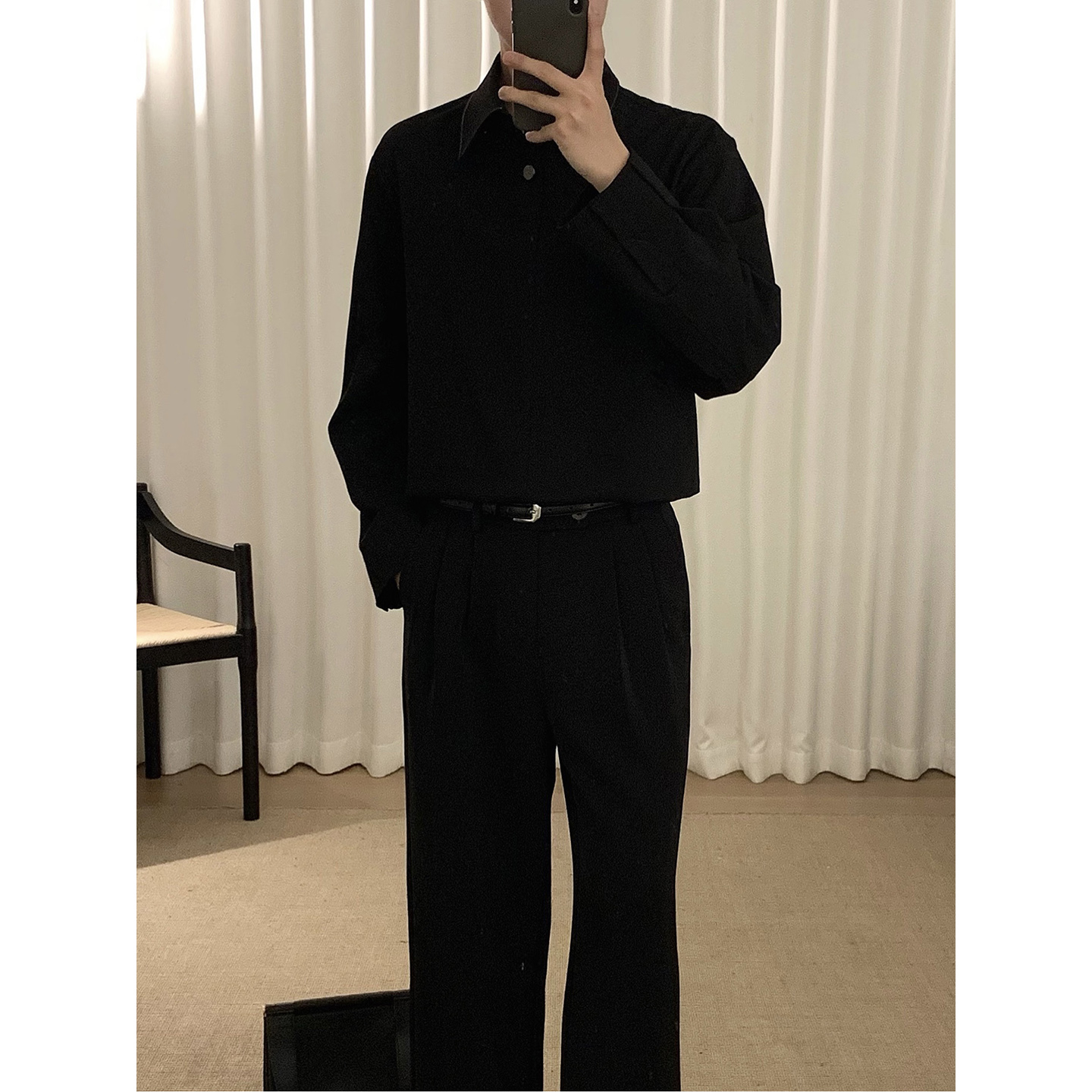 阿茶与阿古黑色套头翻领衬衫男款长袖秋季韩版百搭宽松休闲衬衣