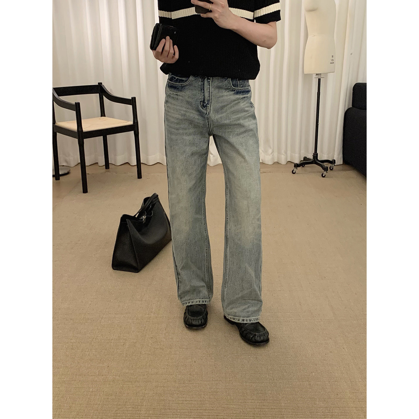 阿茶与阿古蓝色柔洗牛仔裤男款春季直筒宽松潮流设计感休闲长裤