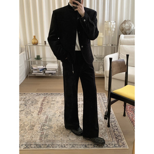 阿茶与阿古黑色莱赛尔丝绒高级休闲套装男款秋季立领外套休闲长裤