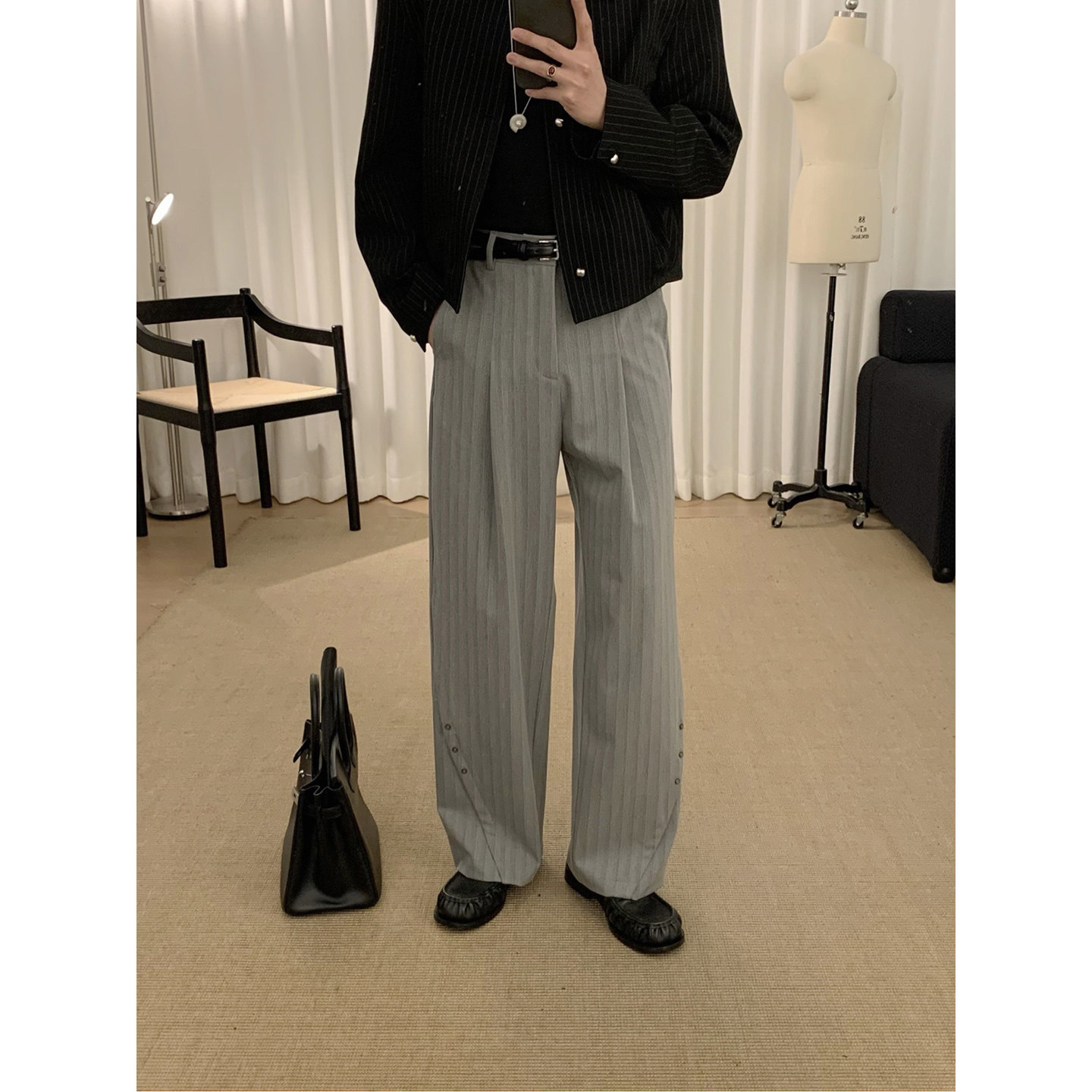 阿茶与阿古【手工西裤】灰色条纹西裤男小众设计感直筒休闲长裤