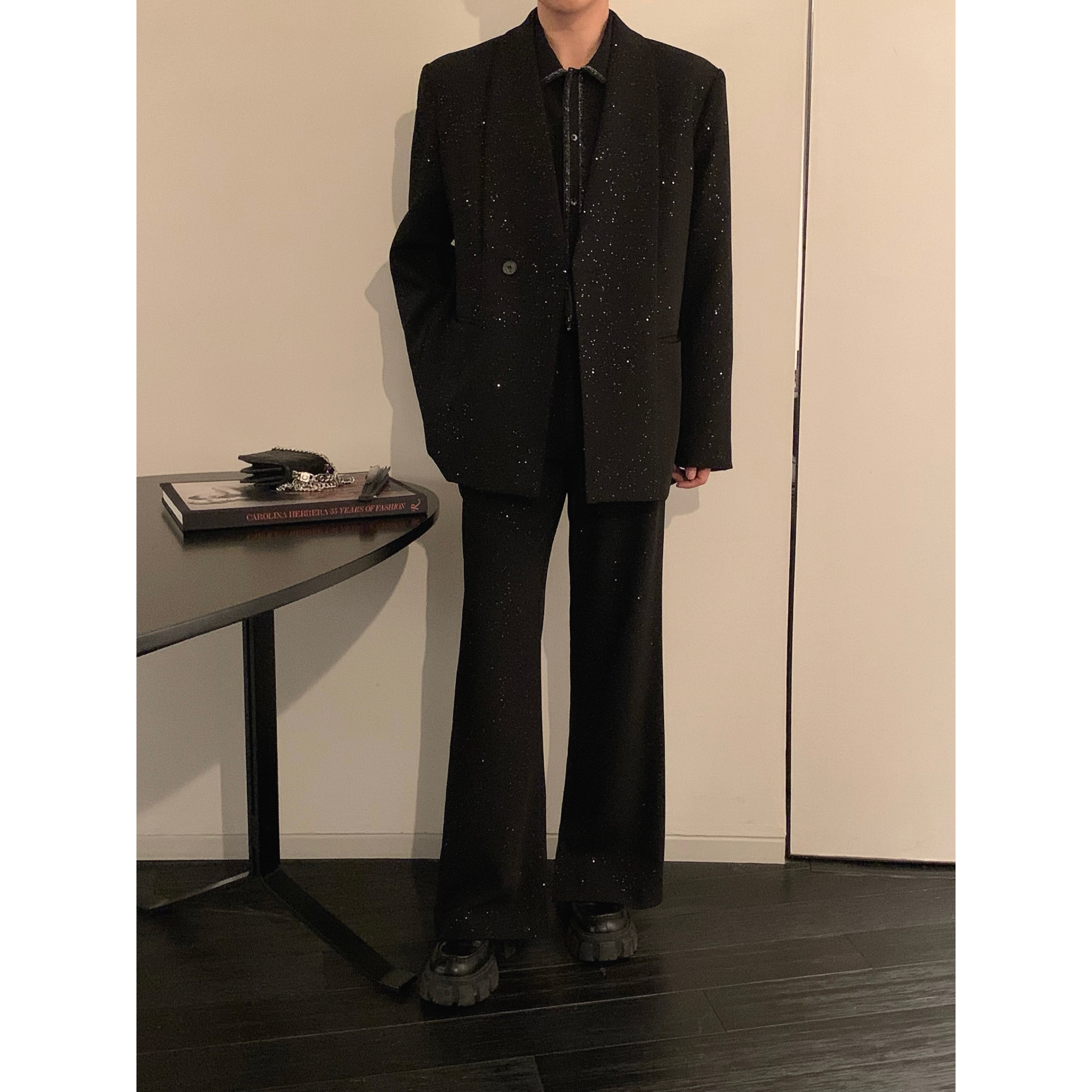 阿茶与阿古黑色闪银西装套装男春秋设计感廓形西服外套阔腿西裤