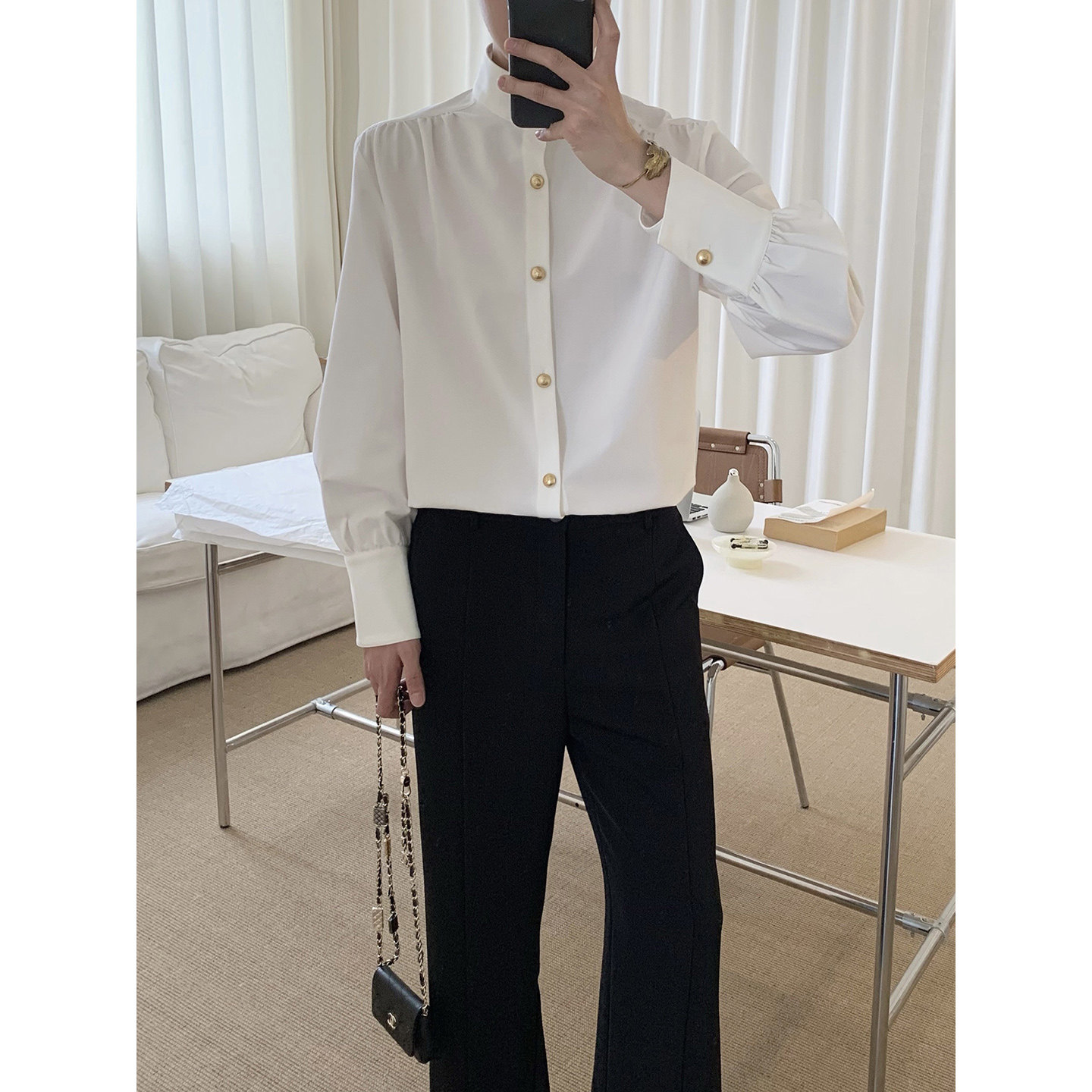 阿茶与阿古法式立领小金扣白衬衫男款长袖秋季高级感宽松休闲衬衣