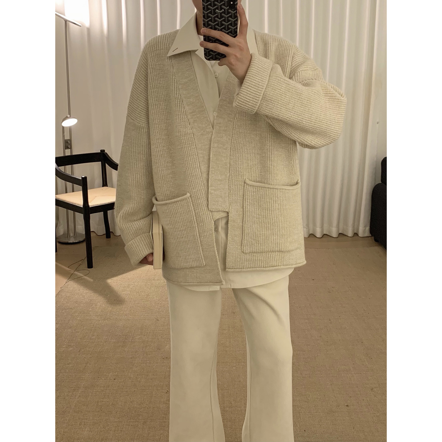 阿茶与阿古燕麦色新中式国风针织开衫男款秋季宽松休闲毛衣外套