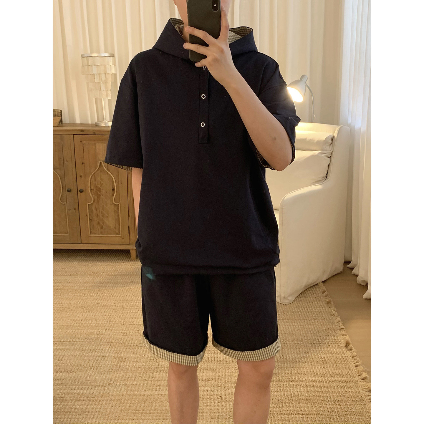 阿茶与阿古藏青连帽短袖t恤短裤男夏季韩版潮流宽松休闲运动套装