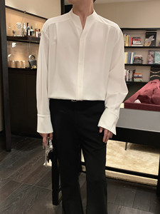 阿茶与阿古设计感小立领衬衫男高级感痞帅长袖基础款宽松百搭衬衣