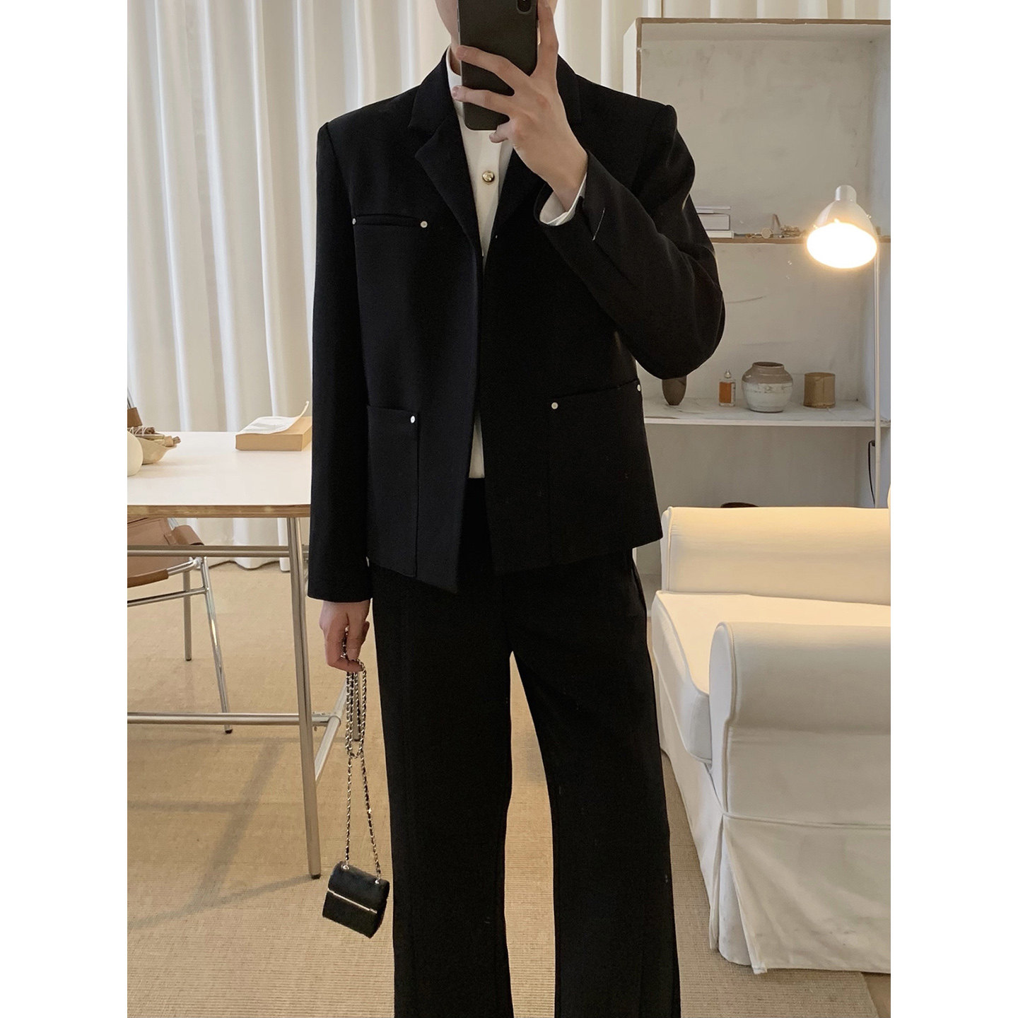 阿茶与阿古黑色铆钉休闲西服外套男款秋季韩版简约宽松通勤西装