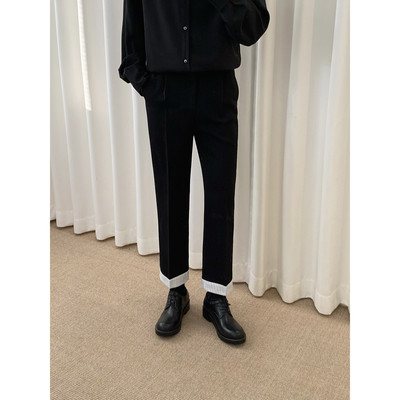 阿茶与阿古黑色拼边西裤男直筒宽松春季韩版新款百搭九分休闲裤