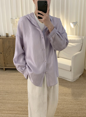 阿茶与阿古紫色缎感防晒衬衫男款夏季潮流宽松休闲连帽情侣装衬衣