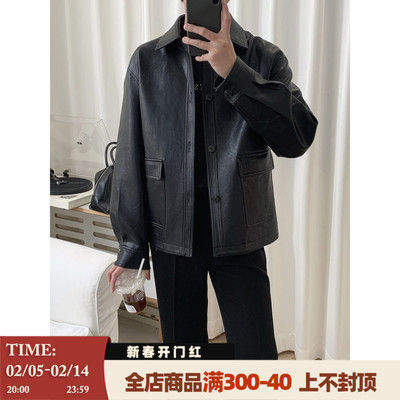 阿茶与阿古黑色韩版皮衣外套男春秋2025新款宽松休闲皮夹克上衣