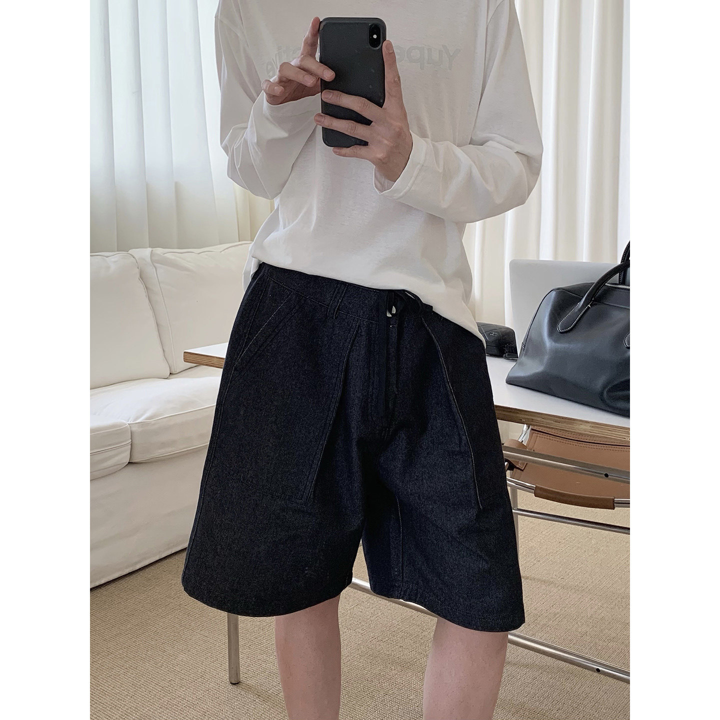 阿茶与阿古黑色双褶牛仔短裤男夏季低腰潮流宽松百搭休闲五分裤子