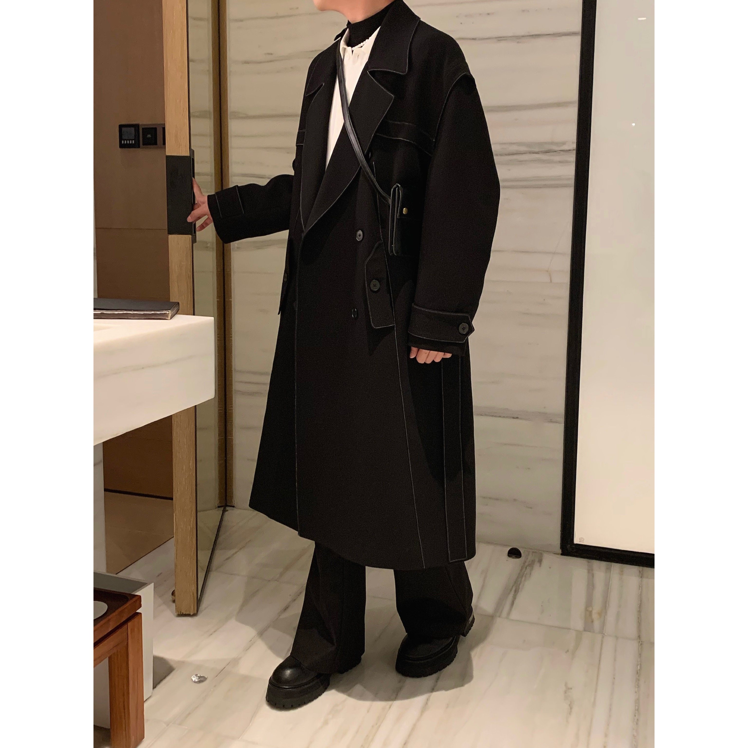 阿茶与阿古黑色明线风衣男中长款2024新款秋季痞帅设计感宽松外套