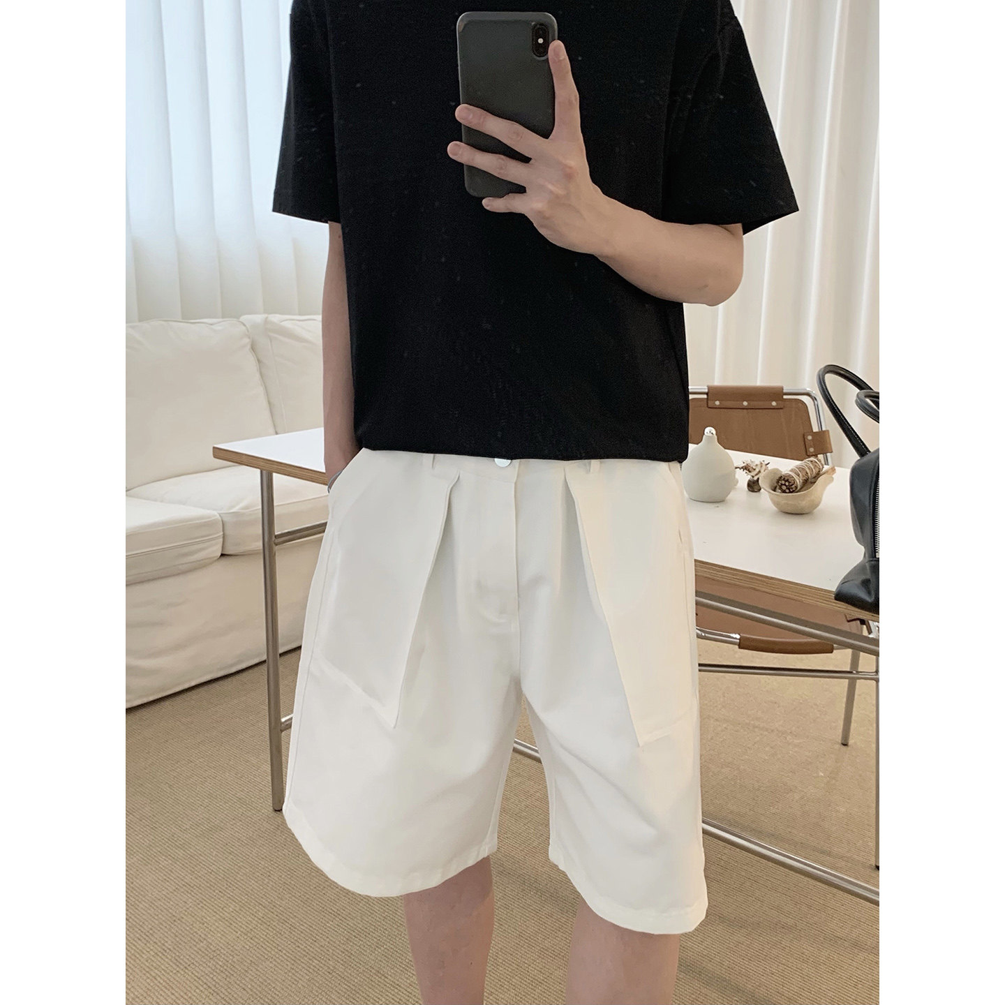 阿茶与阿古白色双褶牛仔短裤男夏季潮流宽松百搭休闲五分裤子