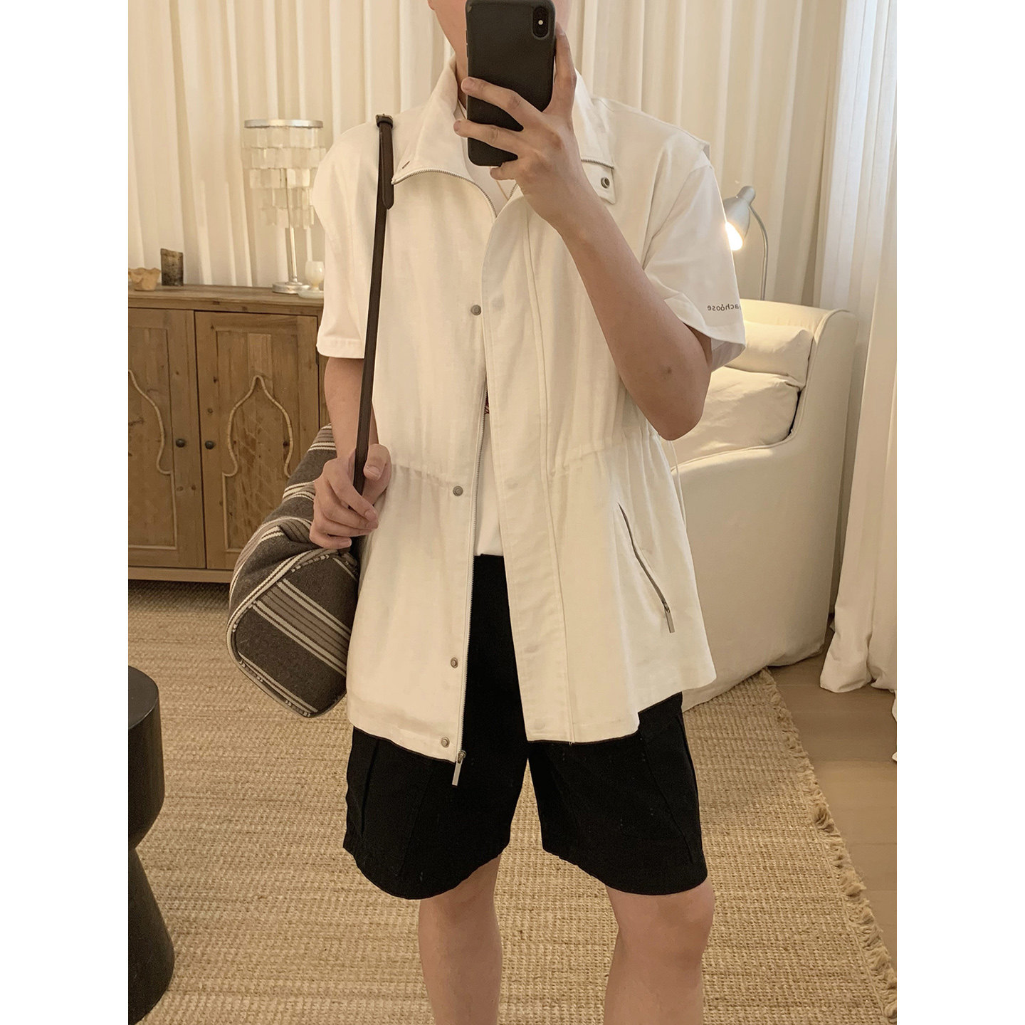 阿茶与阿古白色抽绳马甲男款夏季韩版潮流宽松休闲无袖外套上衣