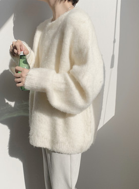 10.13NEW丨阿茶与阿古白色毛绒毛衣男春秋日系慵懒休闲宽松针织衫