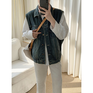 阿茶与阿古蓝色复古牛仔马甲男款春秋设计感宽松休闲无袖外套上衣