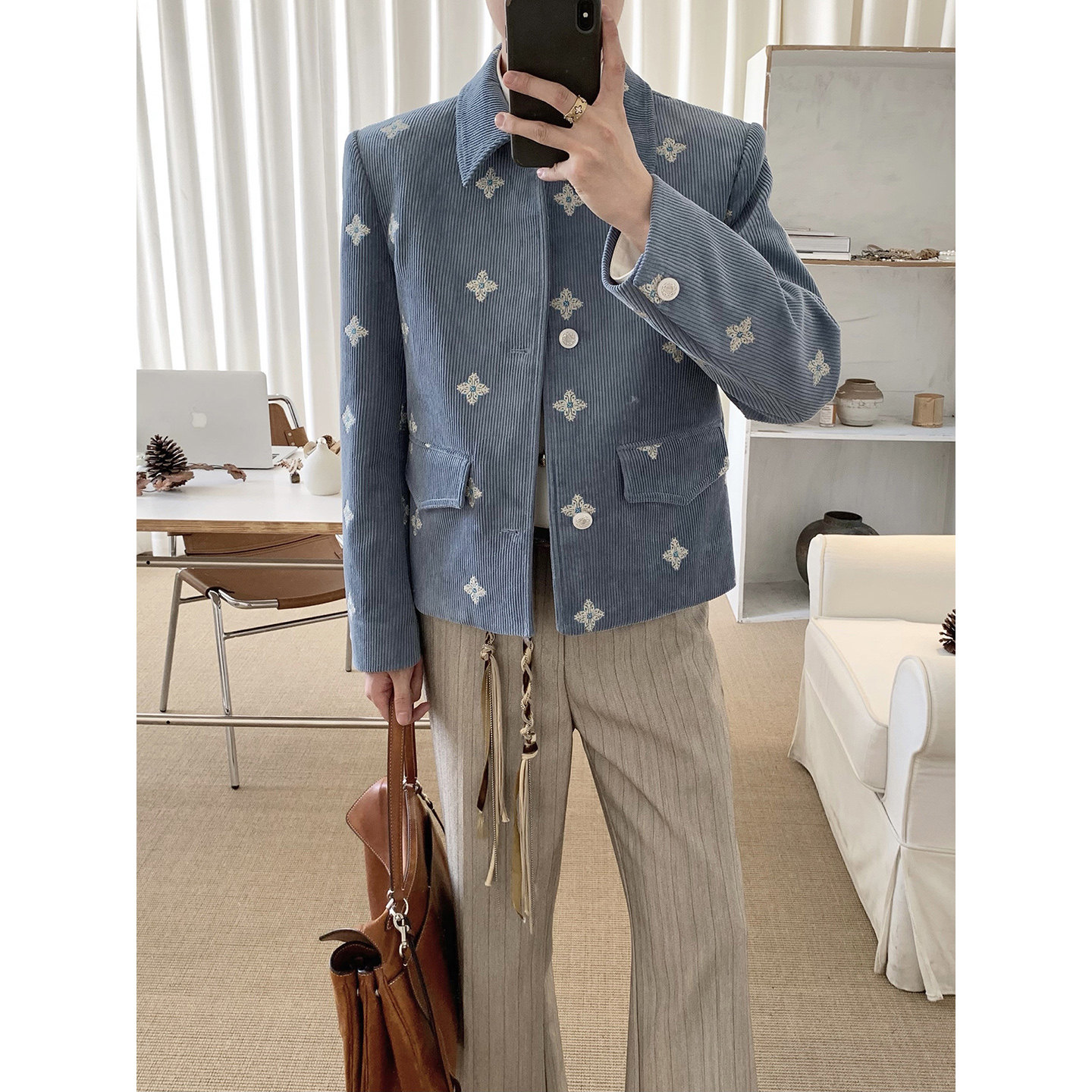 阿茶与阿古蓝色灯芯绒刺绣外套男款秋季复古挺阔宽松休闲夹克上衣