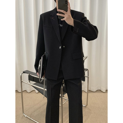 阿茶与阿古黑色简约刺绣休闲西装外套男春秋2025新款宽松韩版西服