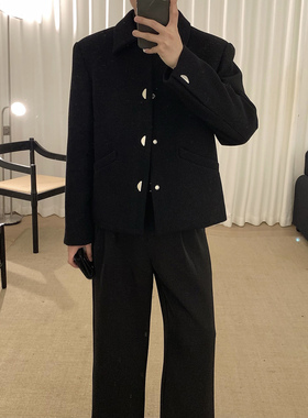 阿茶与阿古黑色气质羊毛外套男款秋冬韩版挺阔宽松休闲夹克上衣