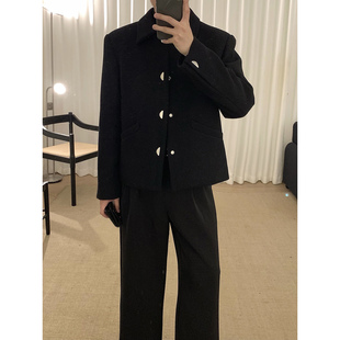 阿茶与阿古黑色气质羊毛外套男款秋冬韩版挺阔宽松休闲夹克上衣