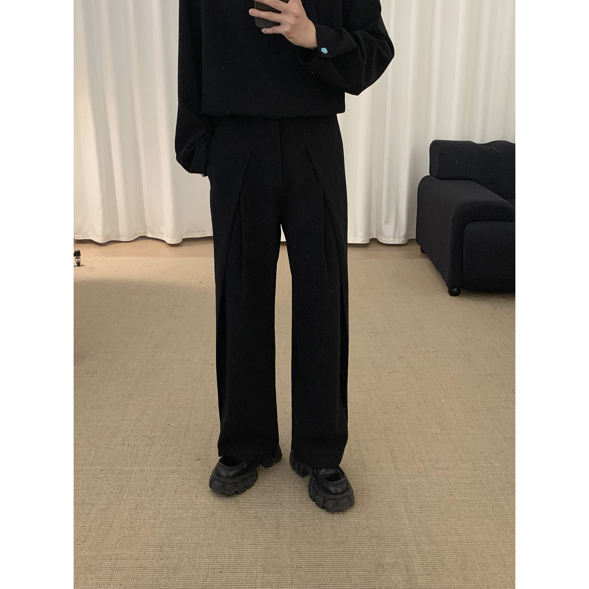 阿茶与阿古黑色垂感阔腿西裤男春季新款宽松剪裁设计显瘦休闲长裤